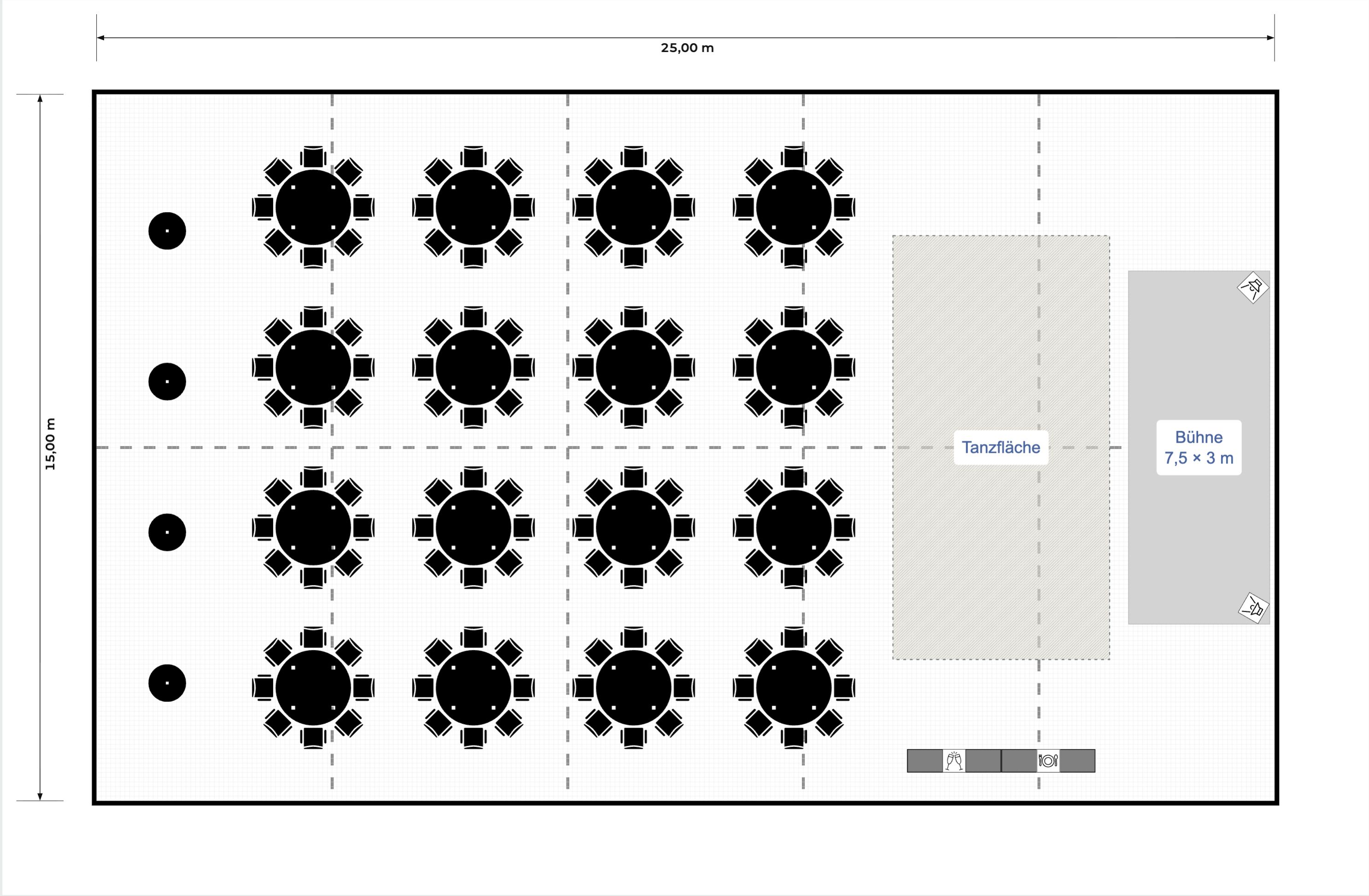 Bankett-Bestuhlung im Zelt 15 × 25 m mit Bühne und Tanzfläche