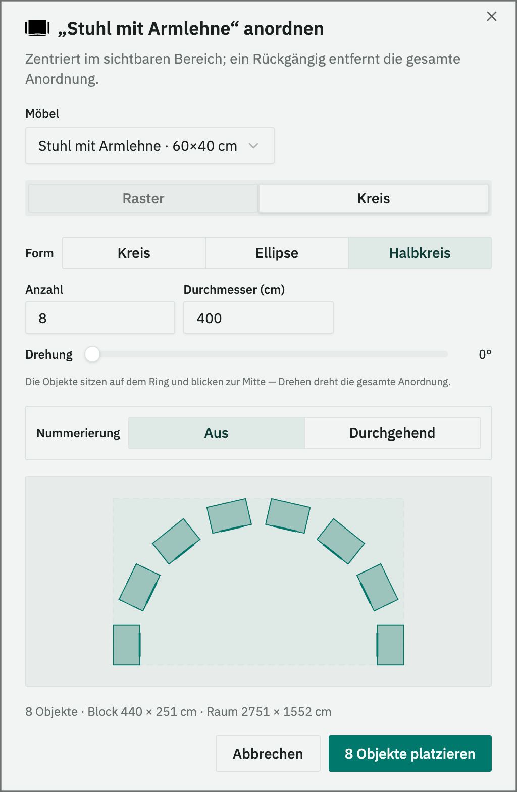 Möbel-Konfigurator: Halbkreis mit 8 Stühlen und 400 cm Durchmesser, ideal für Trauungen