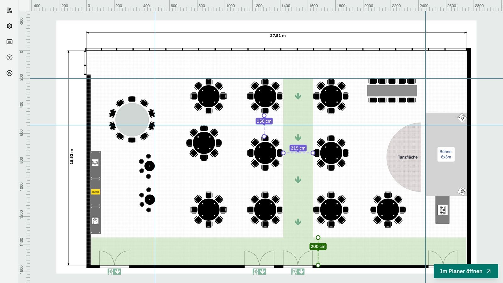 Banquet plan of a hall: round tables with chairs, stage, dance floor, marked escape routes and dimensions